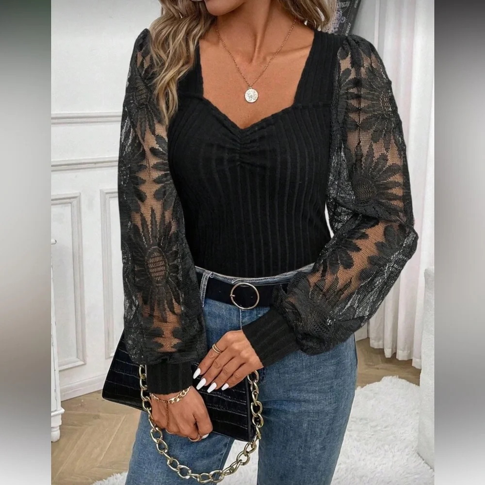 Black Floral Sleeve Sweater Top
